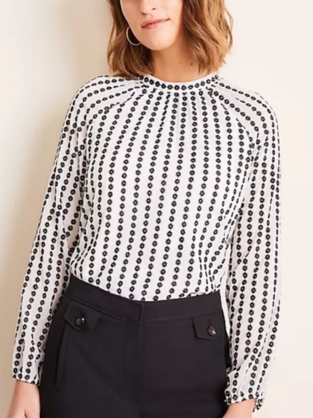 Ann Taylor White Blouse with Embroidered Black Dots- Stripes - Size L